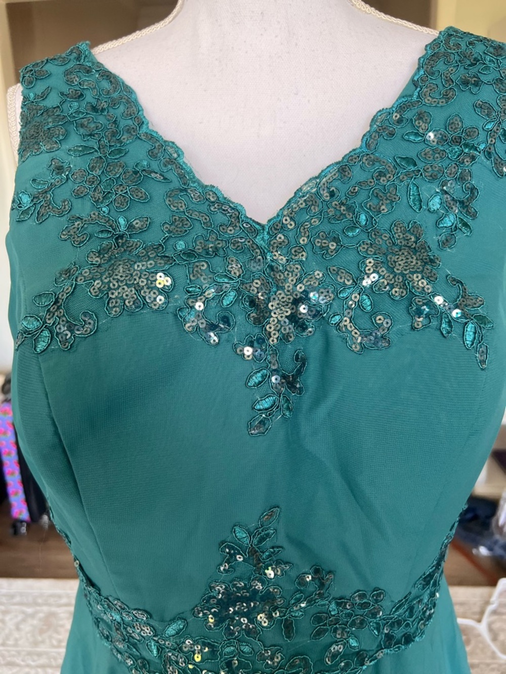Teal V-Neck sequined dress Evening bridesmaid party gala formal occasion prom - Picture 6 of 14